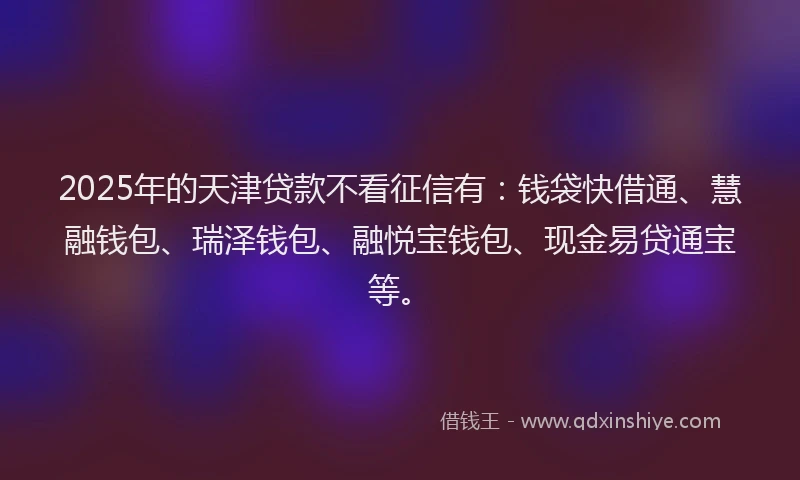 2025年的天津贷款不看征信有：钱袋快借通、慧融钱包、瑞泽钱包、融悦宝钱包、现金易贷通宝等。