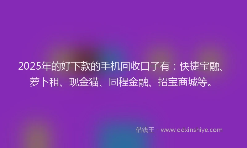 2025年的好下款的手机回收口子有：快捷宝融、萝卜租、现金猫、同程金融、招宝商城等。