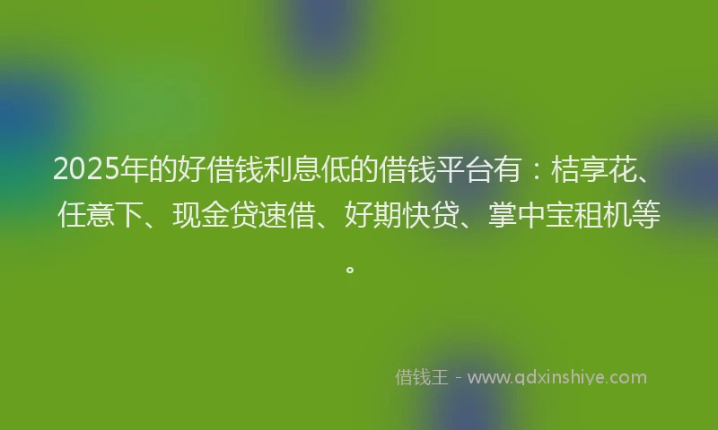 2025年的好借钱利息低的借钱平台有：桔享花、任意下、现金贷速借、好期快贷、掌中宝租机等。