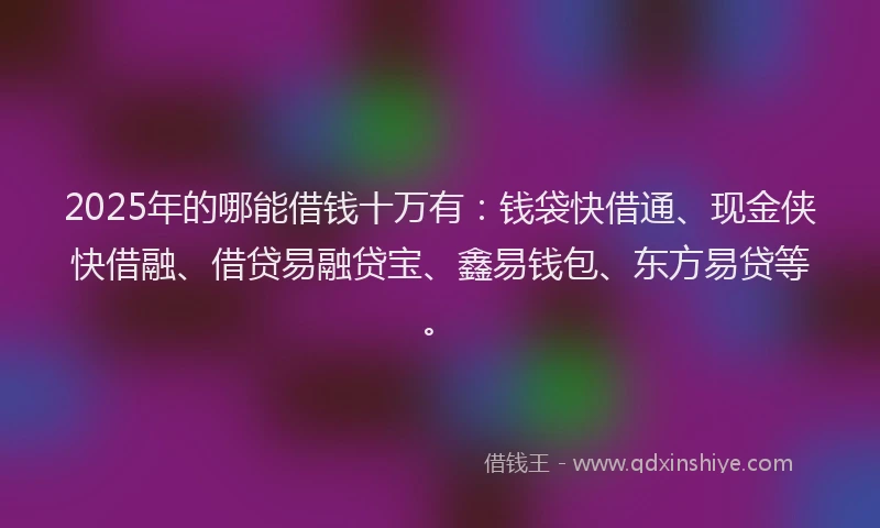2025年的哪能借钱十万有：钱袋快借通、现金侠快借融、借贷易融贷宝、鑫易钱包、东方易贷等。