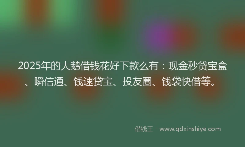 2025年的大鹅借钱花好下款么有：现金秒贷宝盒、瞬信通、钱速贷宝、投友圈、钱袋快借等。