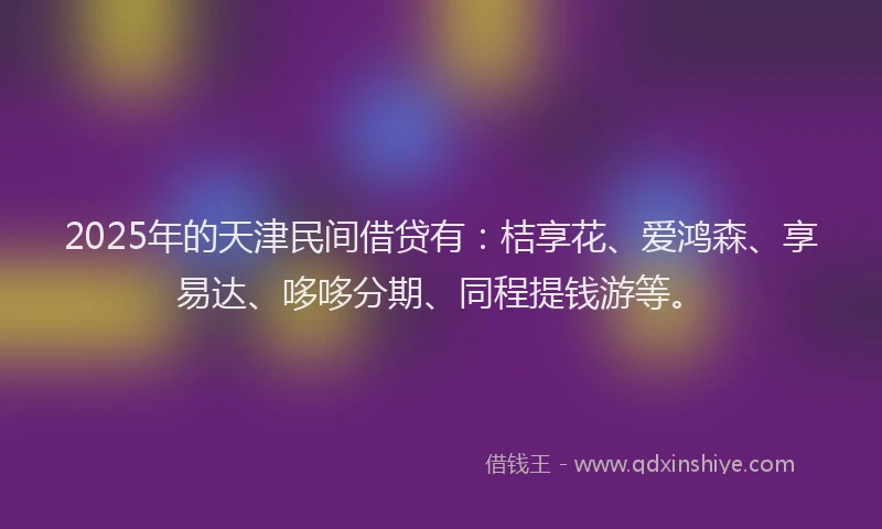 2025年的天津民间借贷有：桔享花、爱鸿森、享易达、哆哆分期、同程提钱游等。