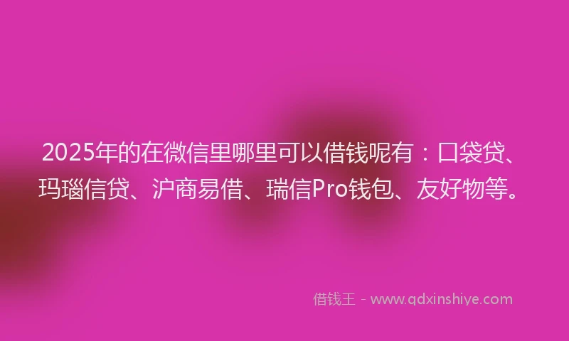 2025年的在微信里哪里可以借钱呢有：口袋贷、玛瑙信贷、沪商易借、瑞信Pro钱包、友好物等。