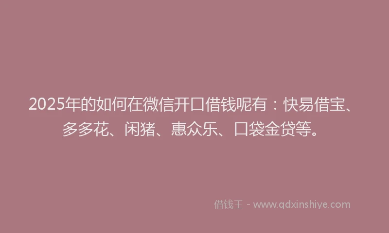2025年的如何在微信开口借钱呢有：快易借宝、多多花、闲猪、惠众乐、口袋金贷等。
