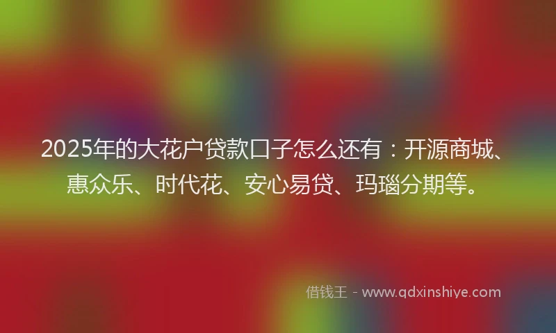 2025年的大花户贷款口子怎么还有：开源商城、惠众乐、时代花、安心易贷、玛瑙分期等。