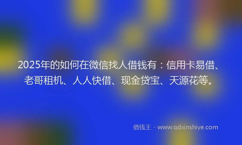 2025年的如何在微信找人借钱有：信用卡易借、老哥租机、人人快借、现金贷宝、天源花等。