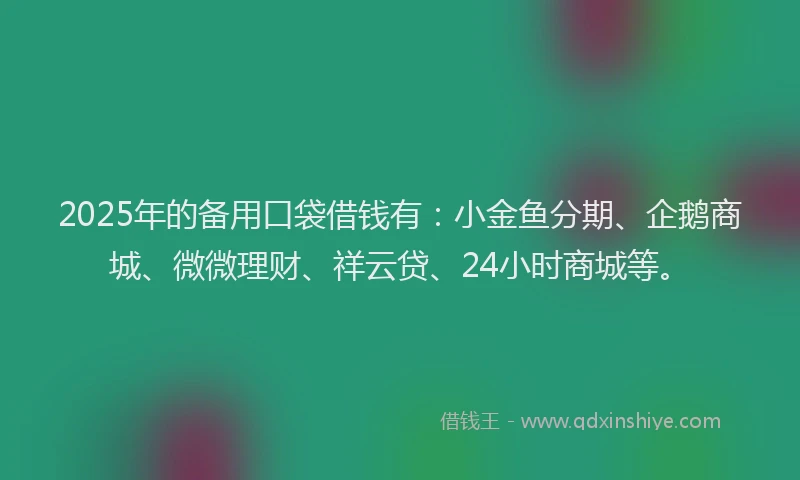 2025年的备用口袋借钱有：小金鱼分期、企鹅商城、微微理财、祥云贷、24小时商城等。