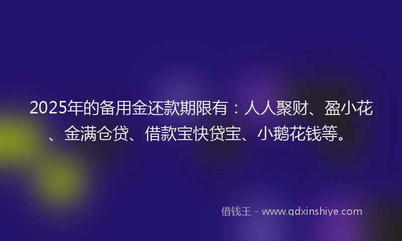 2025年的备用金还款期限有：人人聚财、盈小花、金满仓贷、借款宝快贷宝、小鹅花钱等。
