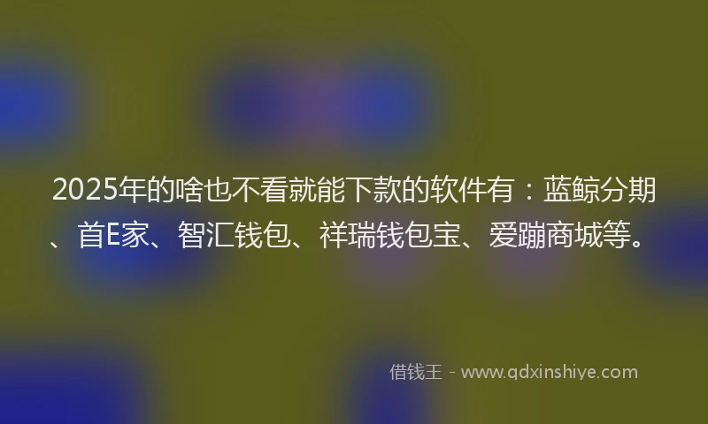 2025年的啥也不看就能下款的软件有：蓝鲸分期、首E家、智汇钱包、祥瑞钱包宝、爱蹦商城等。
