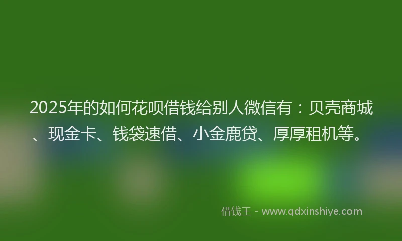 2025年的如何花呗借钱给别人微信有：贝壳商城、现金卡、钱袋速借、小金鹿贷、厚厚租机等。