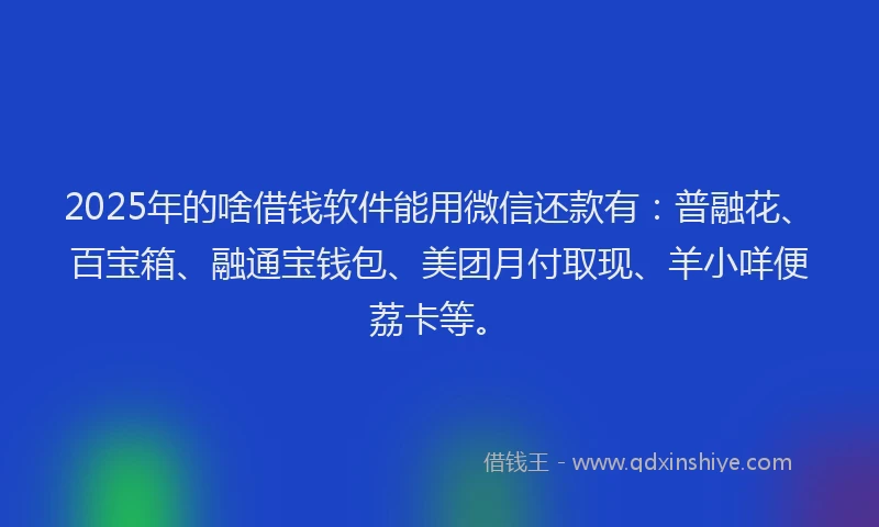 2025年的啥借钱软件能用微信还款有：普融花、百宝箱、融通宝钱包、美团月付取现、羊小咩便荔卡等。