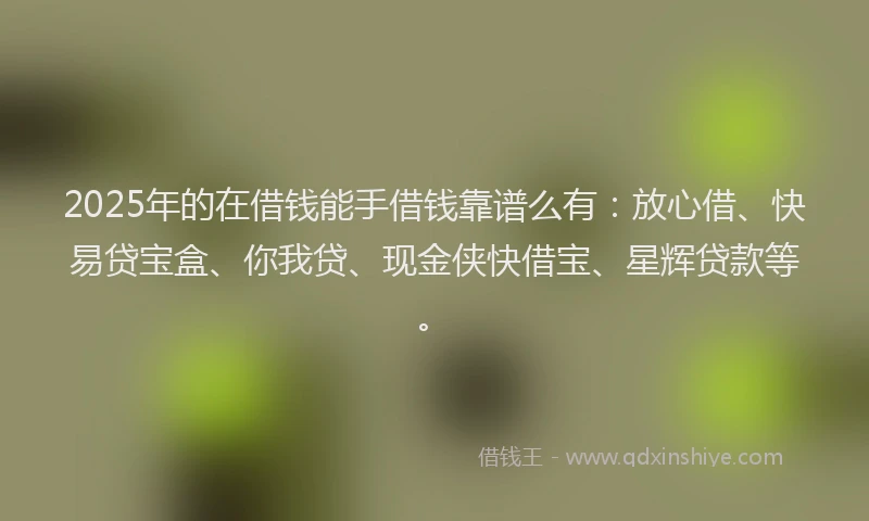 2025年的在借钱能手借钱靠谱么有：放心借、快易贷宝盒、你我贷、现金侠快借宝、星辉贷款等。