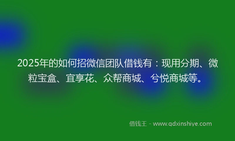 2025年的如何招微信团队借钱有：现用分期、微粒宝盒、宜享花、众帮商城、兮悦商城等。