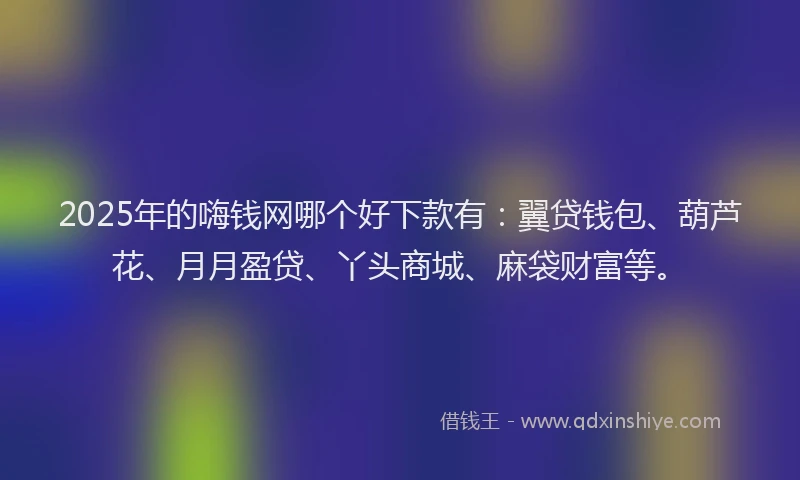 2025年的嗨钱网哪个好下款有：翼贷钱包、葫芦花、月月盈贷、丫头商城、麻袋财富等。