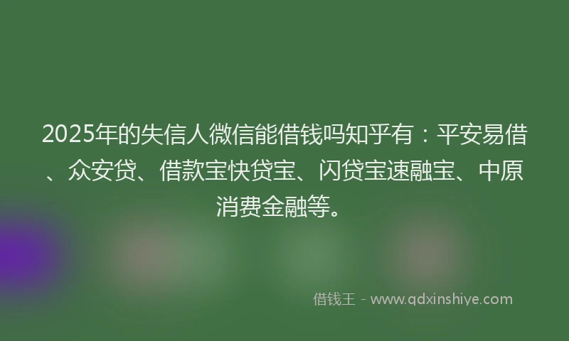 2025年的失信人微信能借钱吗知乎有：平安易借、众安贷、借款宝快贷宝、闪贷宝速融宝、中原消费金融等。