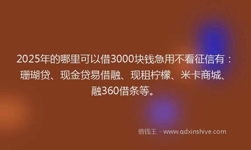 2025年的哪里可以借3000块钱急用不看征信有：珊瑚贷、现金贷易借融、现租柠檬、米卡商城、融360借条等。