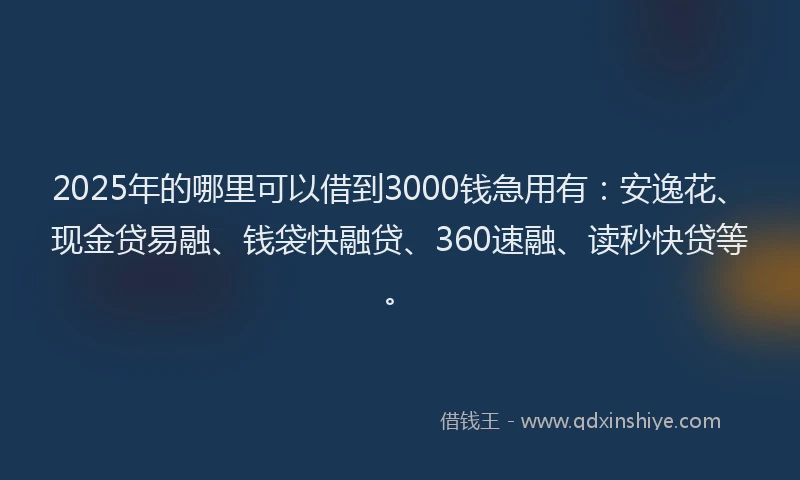 2025年的哪里可以借到3000钱急用有：安逸花、现金贷易融、钱袋快融贷、360速融、读秒快贷等。