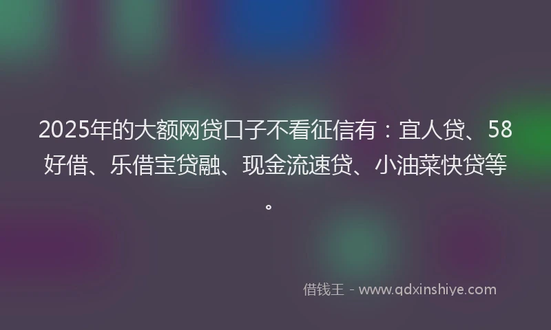 2025年的大额网贷口子不看征信有：宜人贷、58好借、乐借宝贷融、现金流速贷、小油菜快贷等。