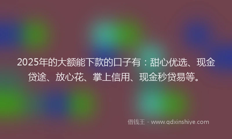 2025年的大额能下款的口子有：甜心优选、现金贷途、放心花、掌上信用、现金秒贷易等。