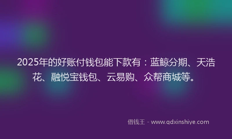 2025年的好账付钱包能下款有：蓝鲸分期、天浩花、融悦宝钱包、云易购、众帮商城等。