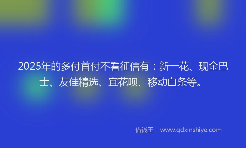 2025年的多付首付不看征信有：新一花、现金巴士、友佳精选、宜花呗、移动白条等。