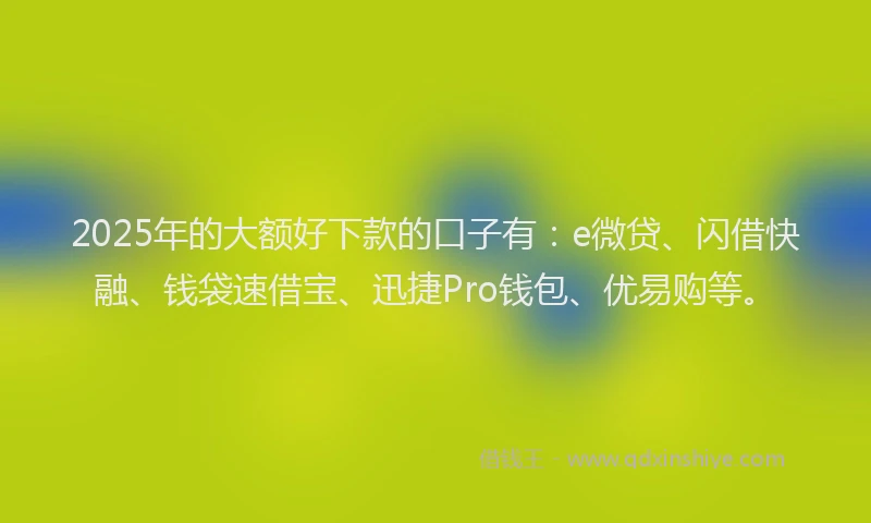 2025年的大额好下款的口子有：e微贷、闪借快融、钱袋速借宝、迅捷Pro钱包、优易购等。