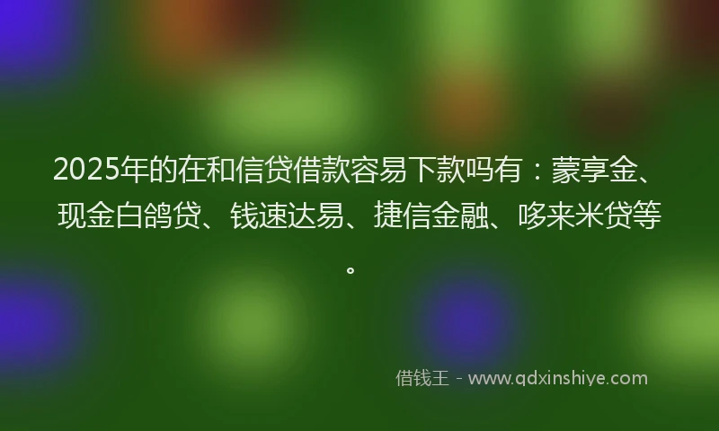 2025年的在和信贷借款容易下款吗有：蒙享金、现金白鸽贷、钱速达易、捷信金融、哆来米贷等。