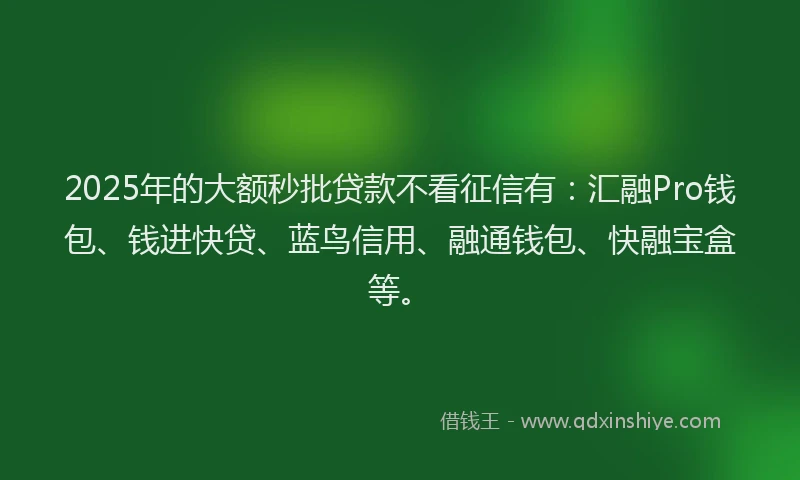 2025年的大额秒批贷款不看征信有：汇融Pro钱包、钱进快贷、蓝鸟信用、融通钱包、快融宝盒等。