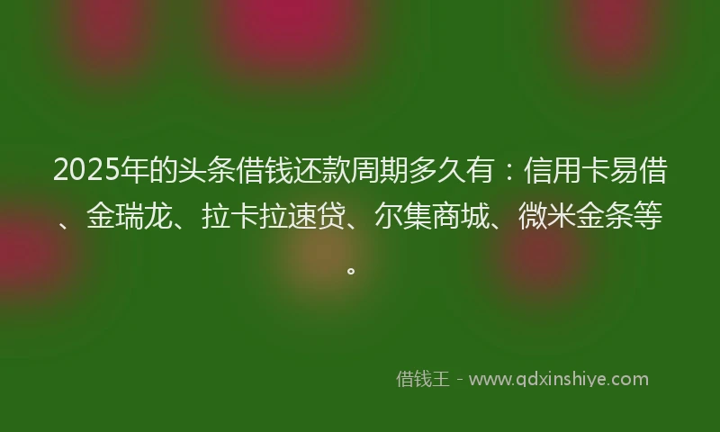 2025年的头条借钱还款周期多久有：信用卡易借、金瑞龙、拉卡拉速贷、尔集商城、微米金条等。