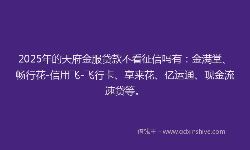 2025年的天府金服贷款不看征信吗有：金满堂、畅行花-信用飞-飞行卡、享来花、亿运通、现金流速贷等。