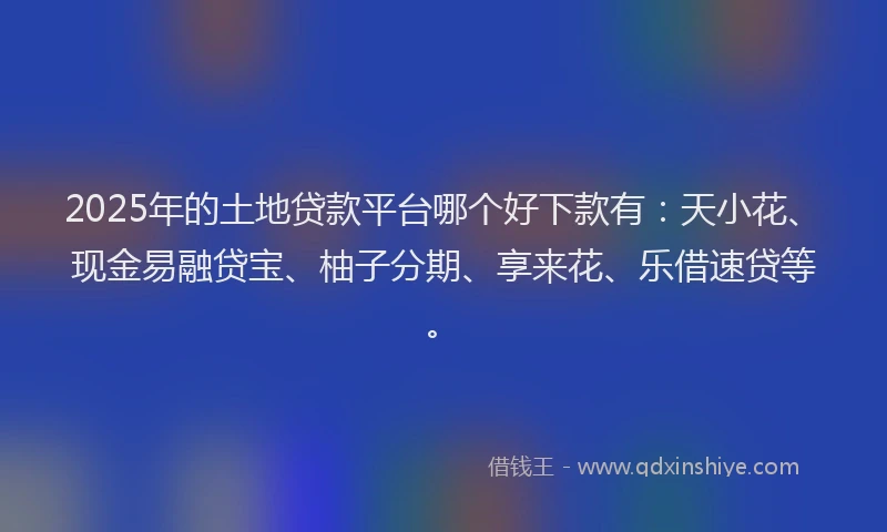 2025年的土地贷款平台哪个好下款有：天小花、现金易融贷宝、柚子分期、享来花、乐借速贷等。