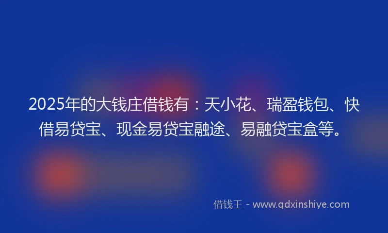 2025年的大钱庄借钱有：天小花、瑞盈钱包、快借易贷宝、现金易贷宝融途、易融贷宝盒等。