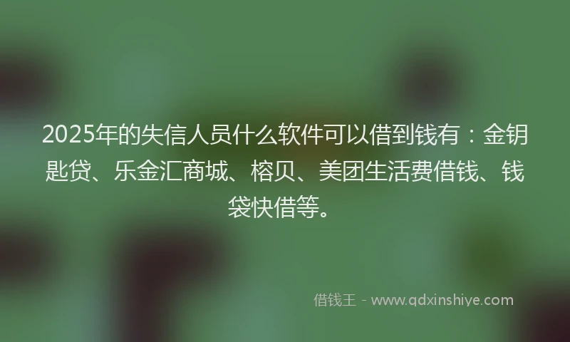 2025年的失信人员什么软件可以借到钱有：金钥匙贷、乐金汇商城、榕贝、美团生活费借钱、钱袋快借等。