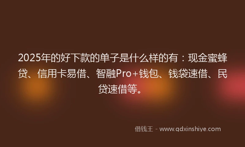 2025年的好下款的单子是什么样的有：现金蜜蜂贷、信用卡易借、智融Pro+钱包、钱袋速借、民贷速借等。