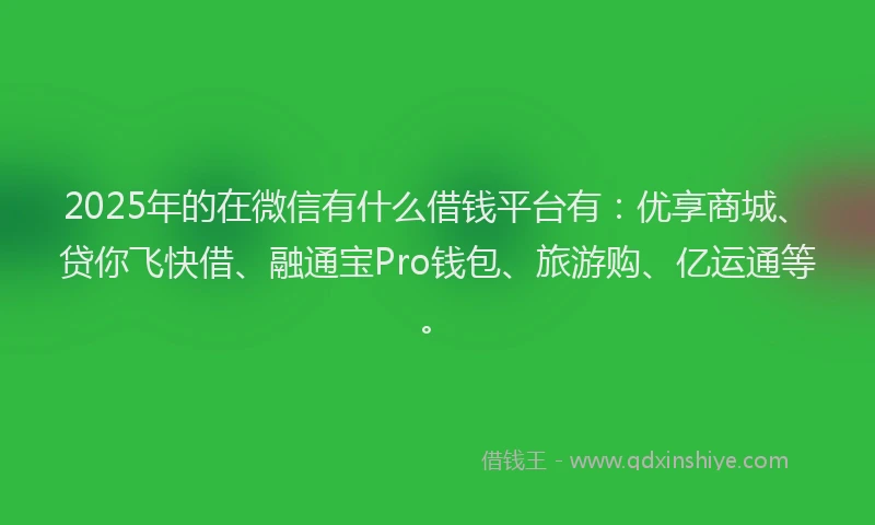 2025年的在微信有什么借钱平台有：优享商城、贷你飞快借、融通宝Pro钱包、旅游购、亿运通等。