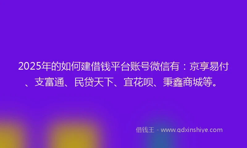 2025年的如何建借钱平台账号微信有：京享易付、支富通、民贷天下、宜花呗、秉鑫商城等。