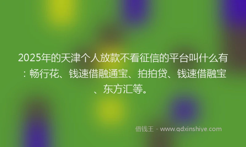 2025年的天津个人放款不看征信的平台叫什么有：畅行花、钱速借融通宝、拍拍贷、钱速借融宝、东方汇等。