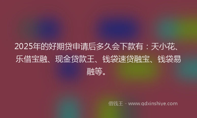 2025年的好期贷申请后多久会下款有：天小花、乐借宝融、现金贷款王、钱袋速贷融宝、钱袋易融等。