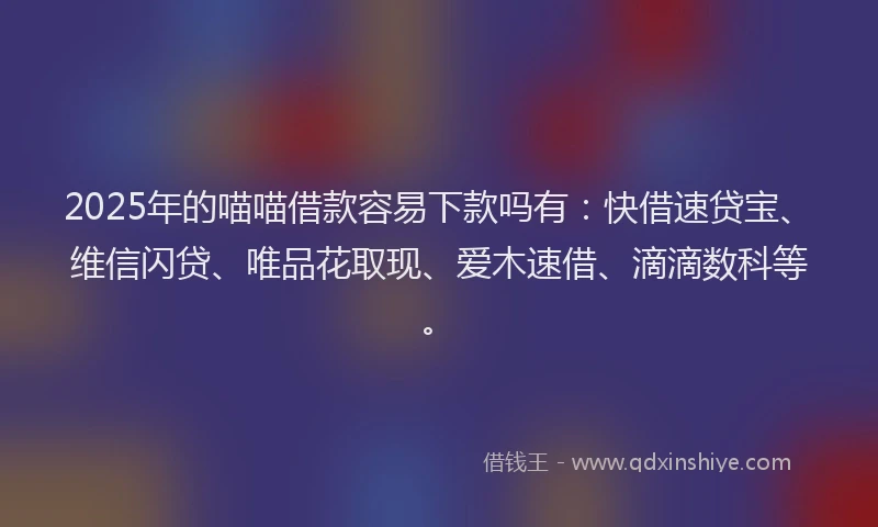 2025年的喵喵借款容易下款吗有：快借速贷宝、维信闪贷、唯品花取现、爱木速借、滴滴数科等。