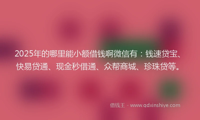2025年的哪里能小额借钱啊微信有：钱速贷宝、快易贷通、现金秒借通、众帮商城、珍珠贷等。