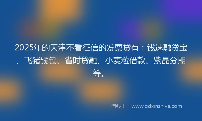 2025年的天津不看征信的发票贷有：钱速融贷宝、飞猪钱包、省时贷融、小麦粒借款、紫晶分期等。