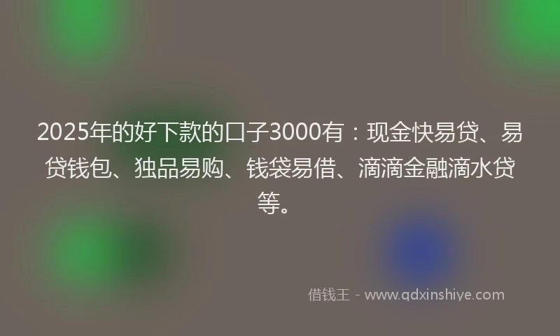 2025年的好下款的口子3000有：现金快易贷、易贷钱包、独品易购、钱袋易借、滴滴金融滴水贷等。