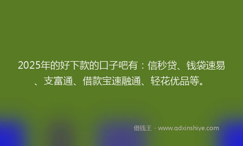 2025年的好下款的口子吧有：信秒贷、钱袋速易、支富通、借款宝速融通、轻花优品等。