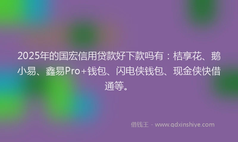 2025年的国宏信用贷款好下款吗有：桔享花、鹅小易、鑫易Pro+钱包、闪电侠钱包、现金侠快借通等。
