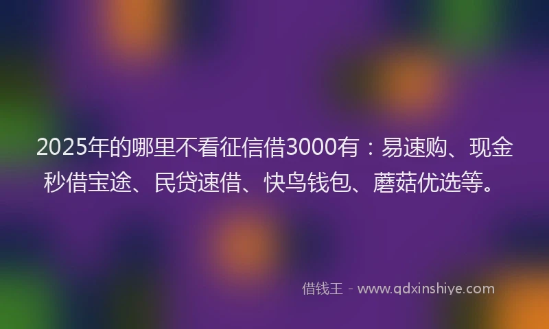 2025年的哪里不看征信借3000有：易速购、现金秒借宝途、民贷速借、快鸟钱包、蘑菇优选等。