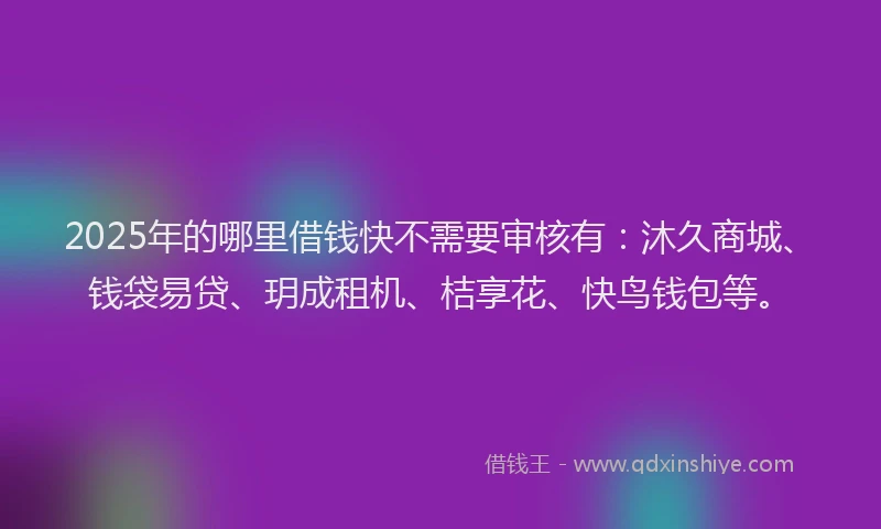 2025年的哪里借钱快不需要审核有：沐久商城、钱袋易贷、玥成租机、桔享花、快鸟钱包等。
