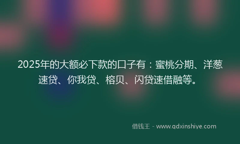 2025年的大额必下款的口子有：蜜桃分期、洋葱速贷、你我贷、榕贝、闪贷速借融等。