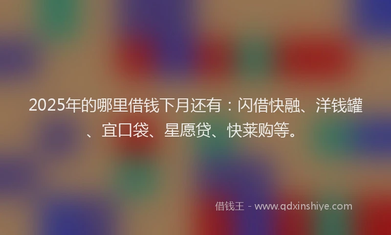 2025年的哪里借钱下月还有：闪借快融、洋钱罐、宜口袋、星愿贷、快莱购等。