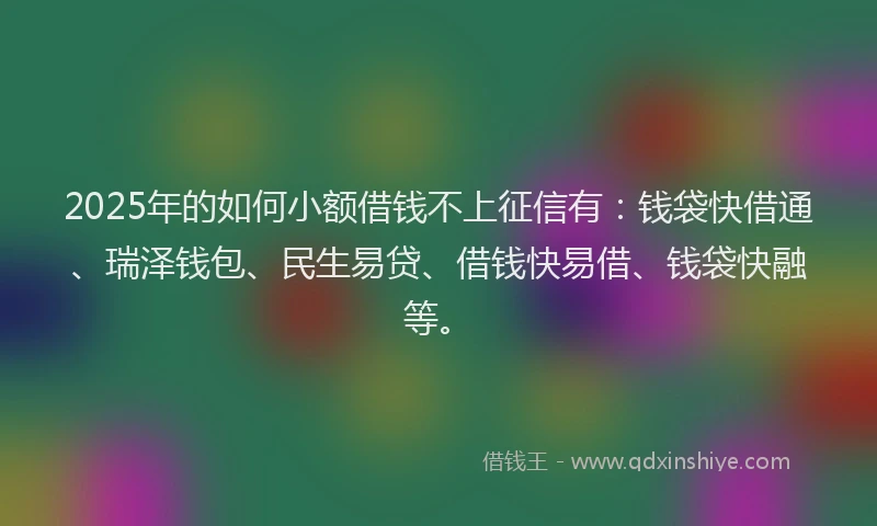 2025年的如何小额借钱不上征信有：钱袋快借通、瑞泽钱包、民生易贷、借钱快易借、钱袋快融等。