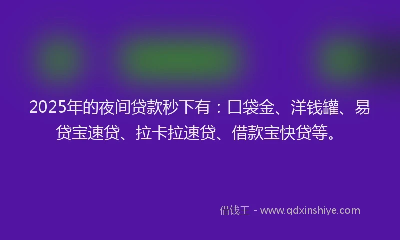 2025年的夜间贷款秒下有：口袋金、洋钱罐、易贷宝速贷、拉卡拉速贷、借款宝快贷等。
